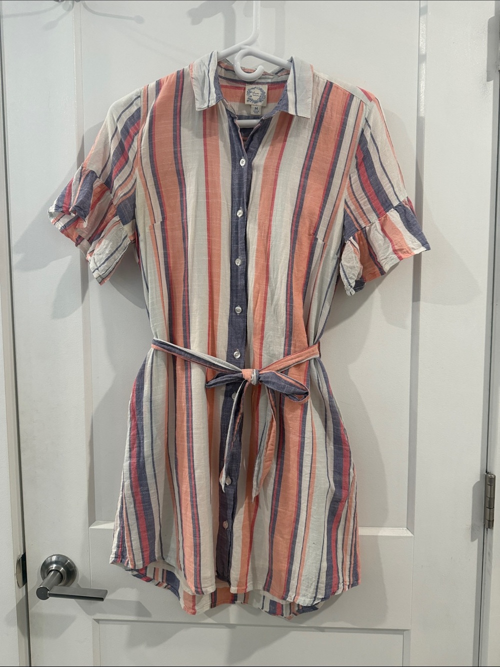 Blue Rain Striped Button-Front Mini Dress in Coral, Navy & Cream